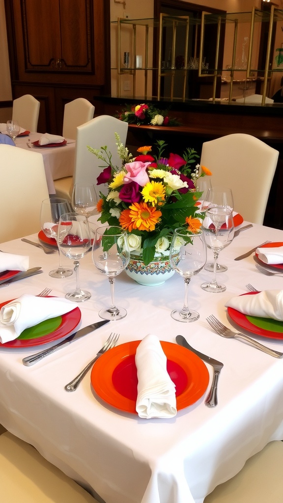 An elegant dinner table setting with a floral centerpiece and neatly arranged tableware.